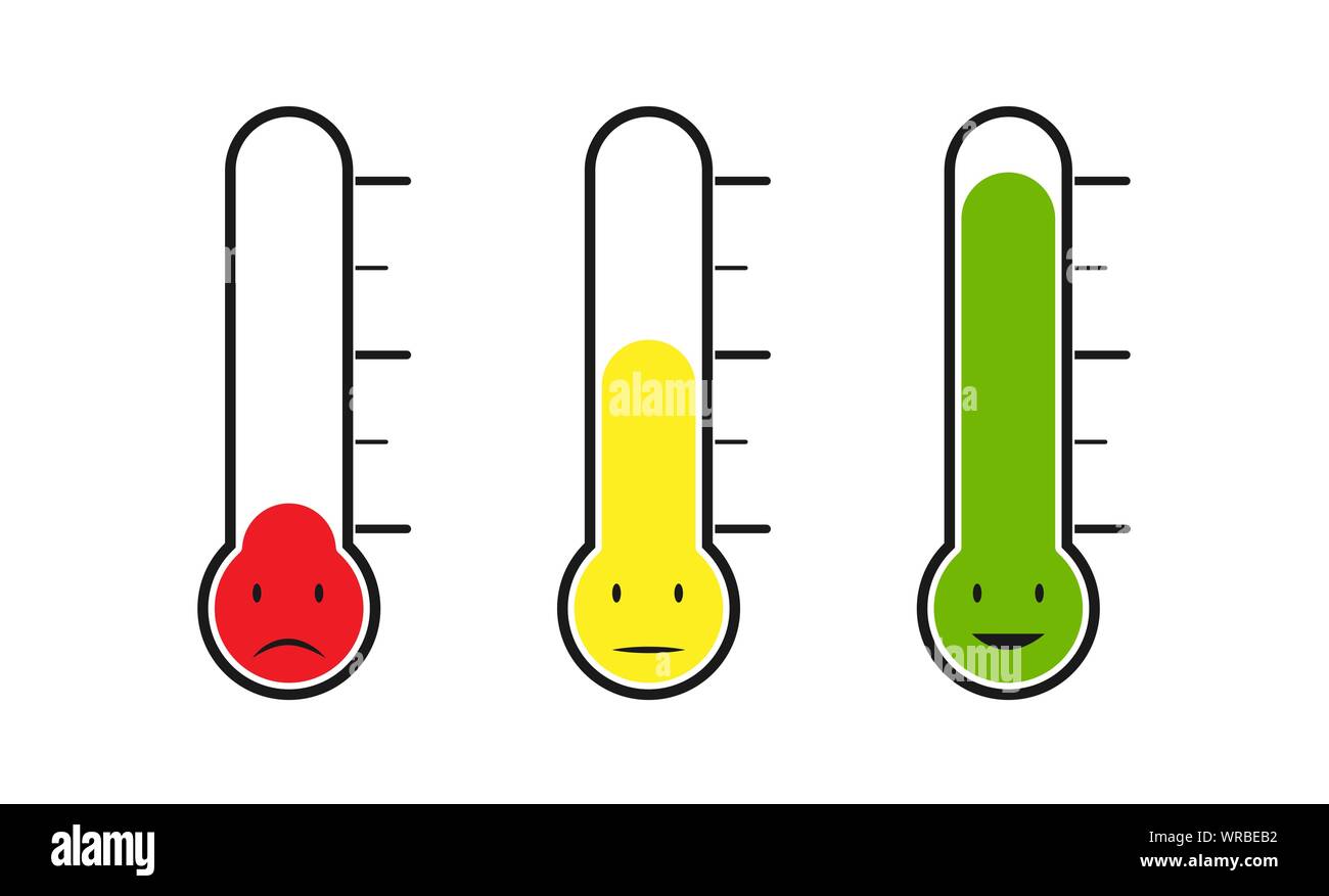 Satz von Thermometer mit unterschiedlicher Temperatur. Gefühle, Stimmung oder Abstimmung. Flache Bauform. Stock Vektor