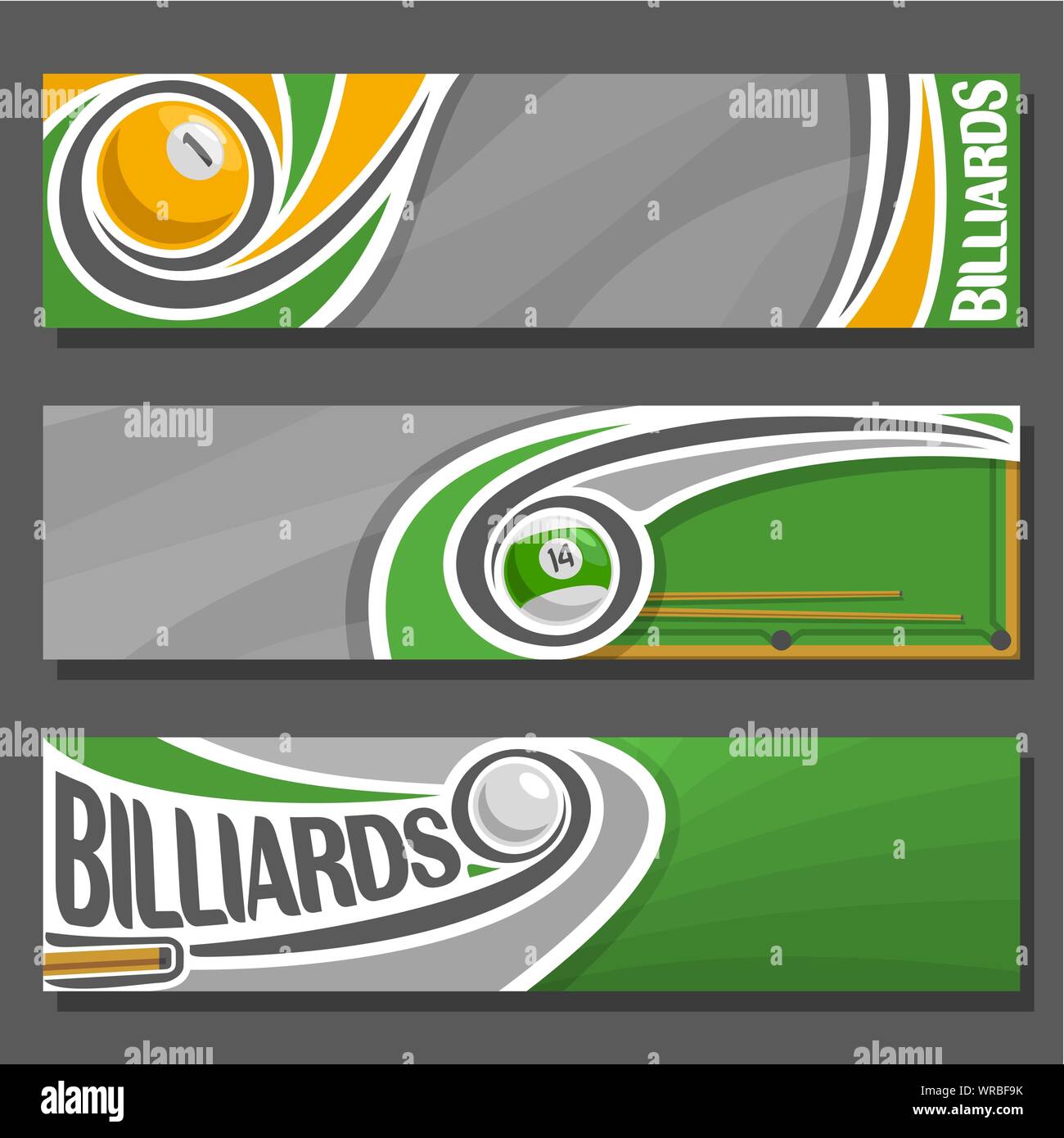 Vektor horizontale Banner für Billard: 3 cartoon Abdeckungen für Text auf Snooker, Billard und Cue schlagen Pool Ball auf grauem Hintergrund. Stock Vektor