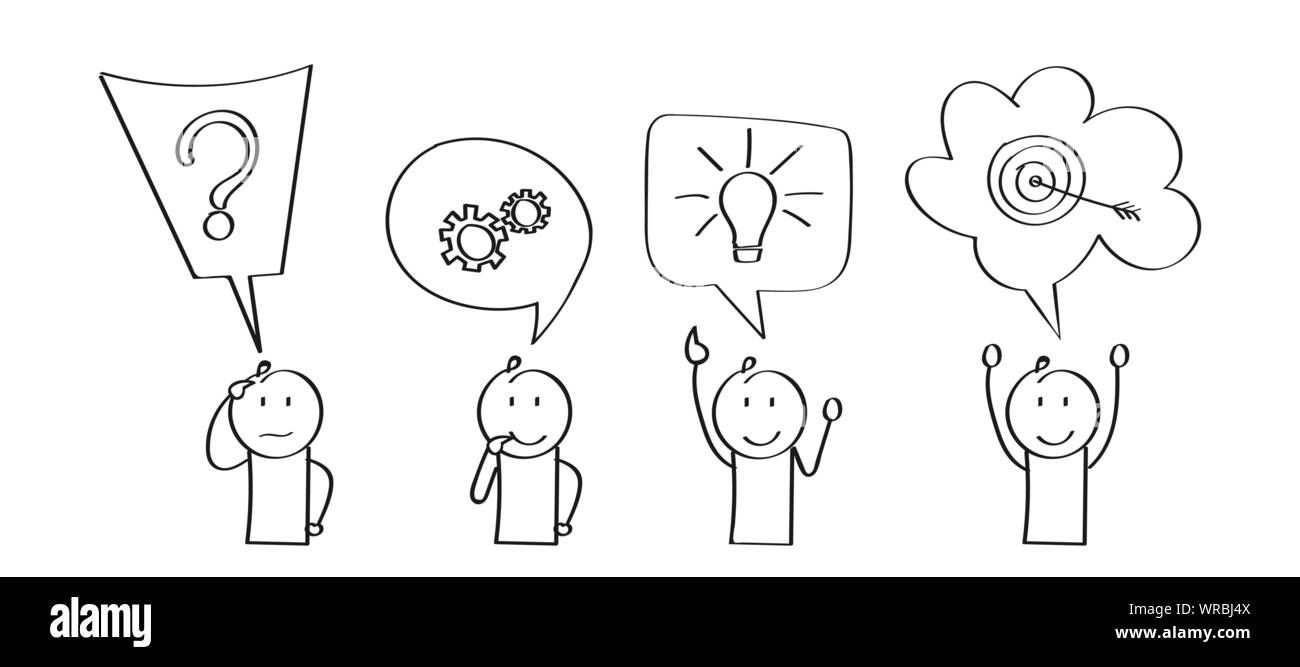 Phasen der Implementierung, Inbetriebnahme und Störungssuche. Cartoon Charakter. Flache Bauform. Stock Vektor