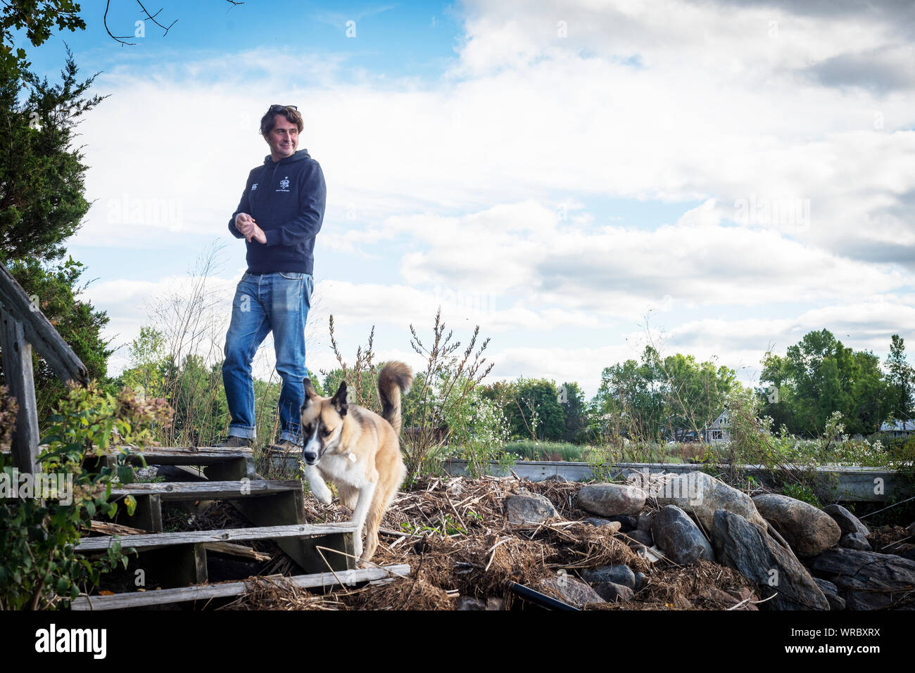 Ein hunde Favorite Past Time, Abholen sticks Stockfoto