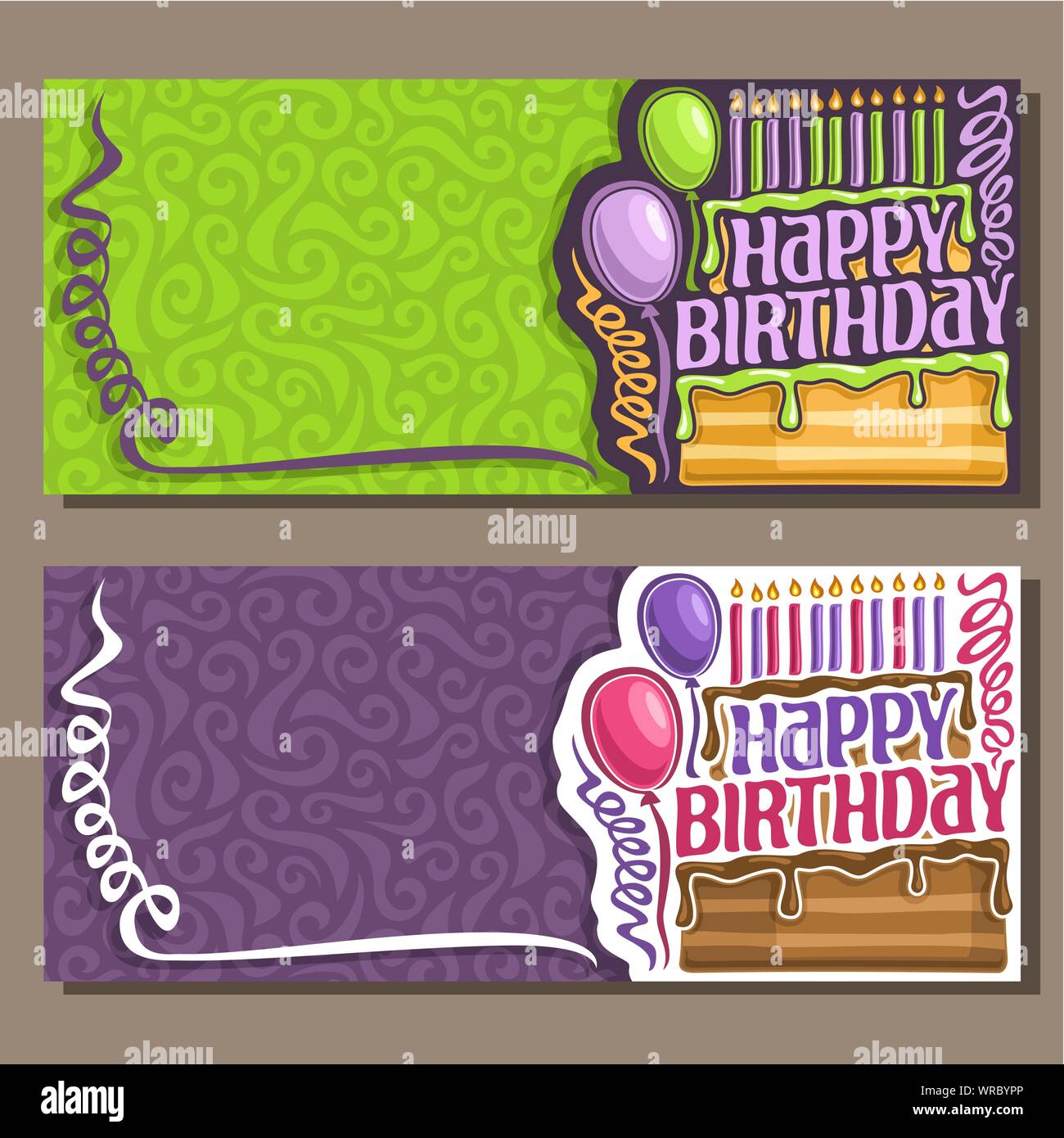 Vektor Grußkarten für Happy Birthday, 11 brennende Kerzen auf Kuchen, Schriftzug happy birthday, kreative Einladung zum Kinderfest mit geschweiften St Stock Vektor