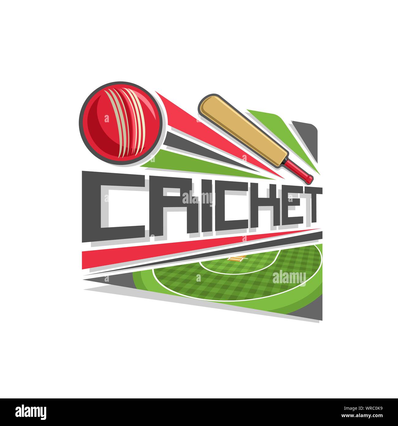 Vektor logo für Cricket Spiel: red ball, der Fledermaus, Fliegen auf Flugbahn am Stadion. Stock Vektor