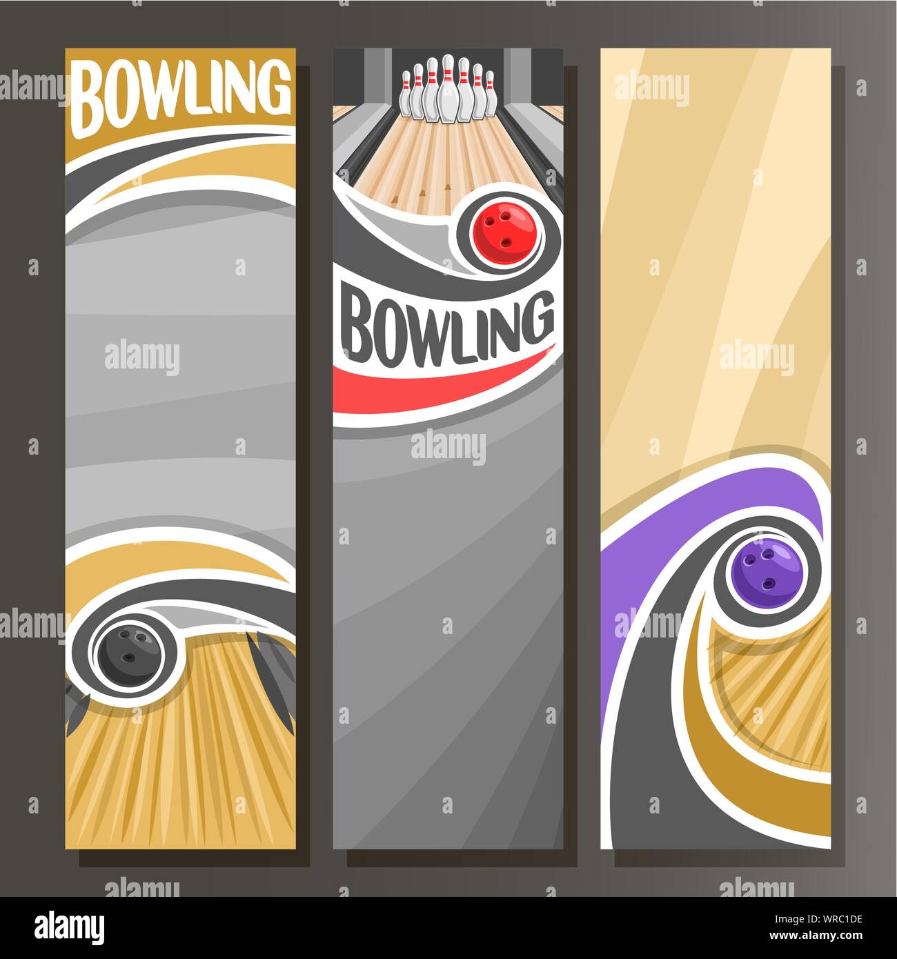 Vektor vertikale Banner für Bowling: 3 cartoon Vorlagen für Text auf Bowling Thema, Ball werfen in zehn Pins auf der Gasse auf grauen Hintergrund. Stock Vektor