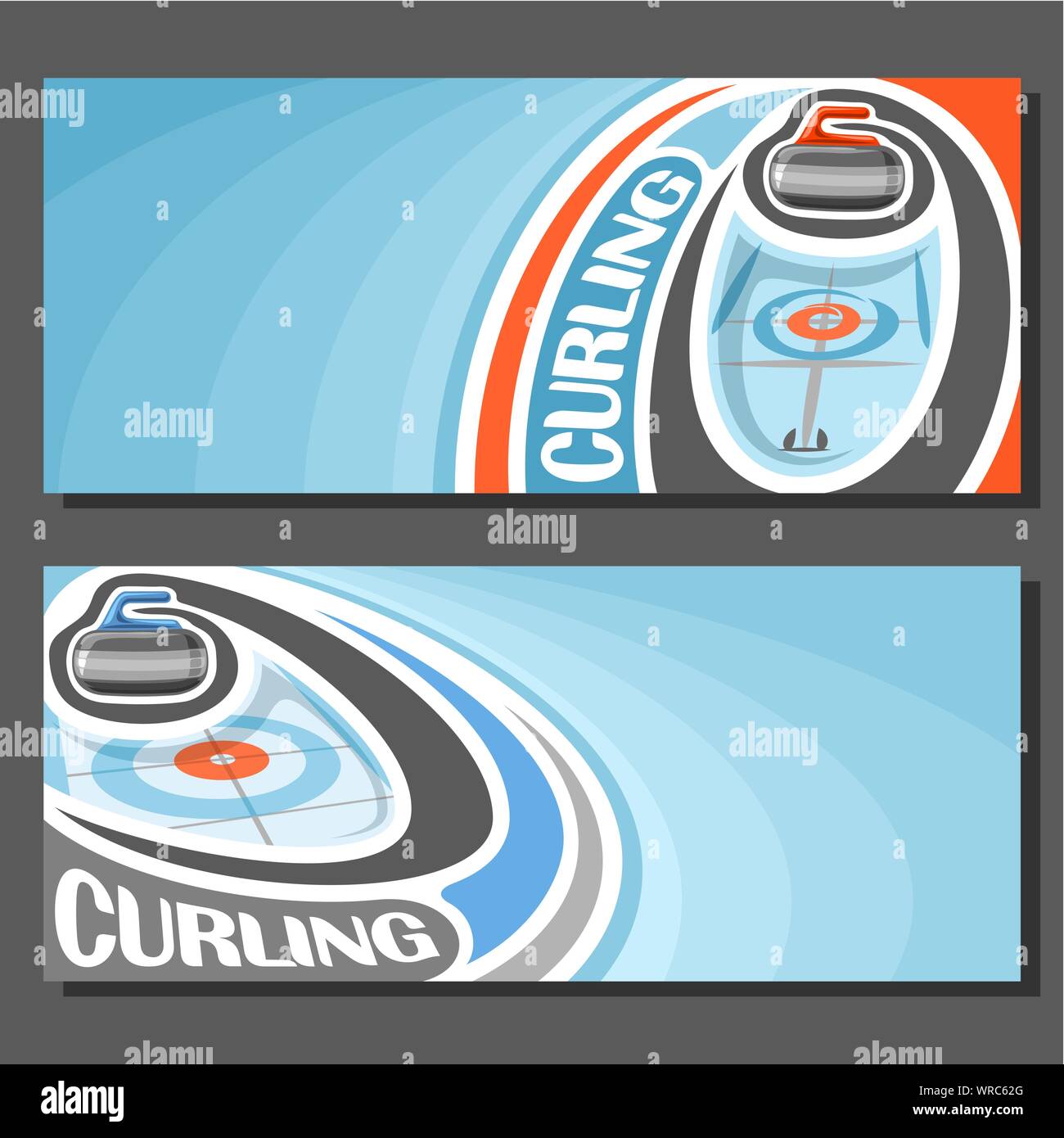 Vektor Banner für Curling Spiel: Granit Stein gleiten auf Kurvenbahn auf der Eisbahn im Kreis Ziel auf Blau abstrakt Hintergrund. Stock Vektor