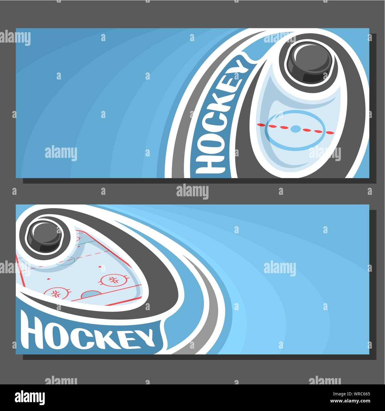 Vektor Banner für Eishockey Spiel: hockey puck auf Kurvenbahn oben Sport Eisbahn auf Blau abstrakt Hintergrund fliegen Stock Vektor