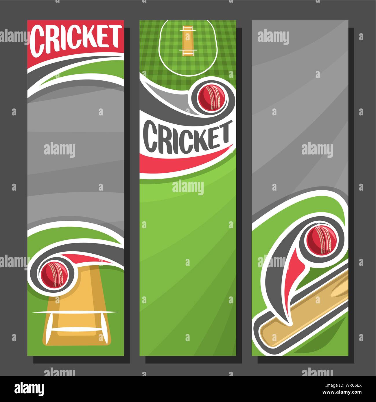 Vektor vertikale Banner für Cricket Spiel: 3 cartoon Layouts für Text auf Cricket Theme, bat das Schlagen der roten Kugel oben karierten Feld mit Pitch zu gre Stock Vektor