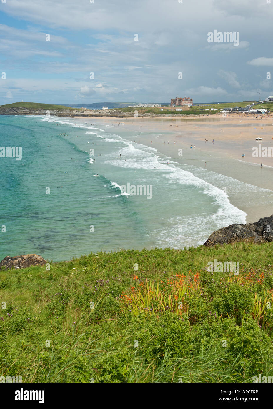 Fistral Beach und die Bucht. Newquay, Cornwall, England, Großbritannien Stockfoto
