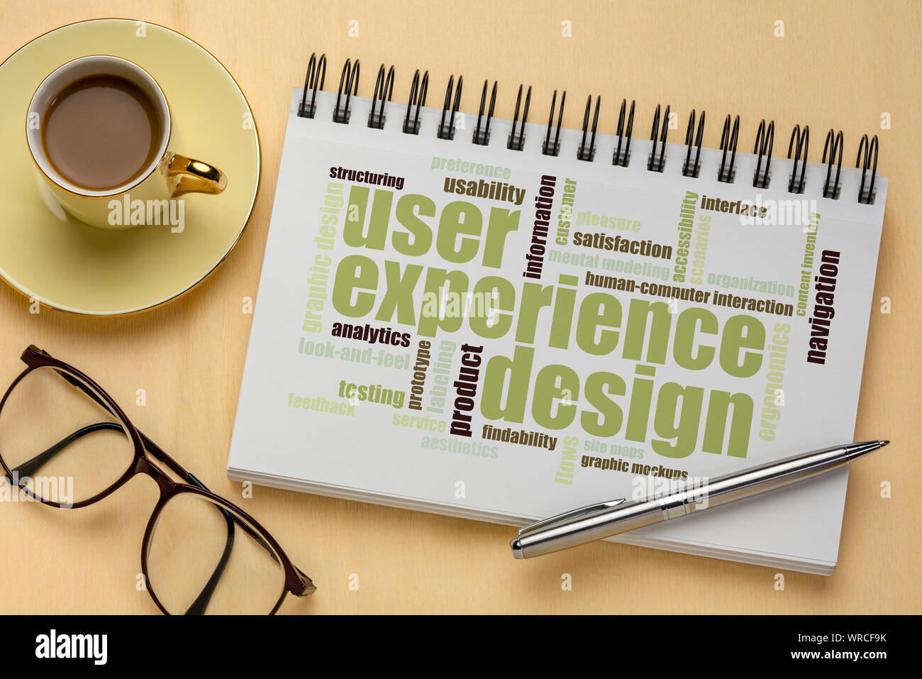 User Experience Design Konzept - Wort Wolke in eine Spirale Skizzenbuch mit einer Tasse Kaffee Stockfoto