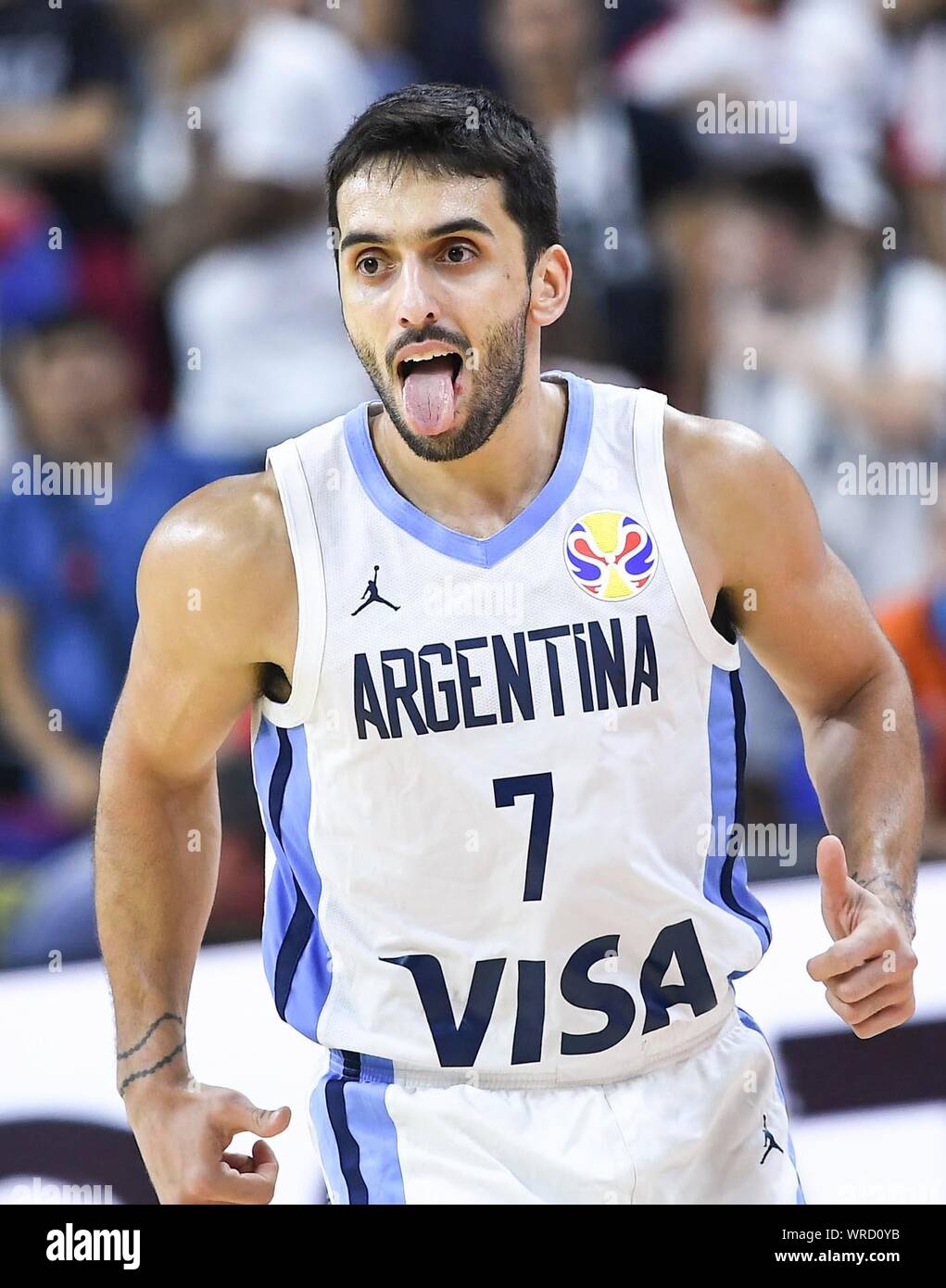 Dongguan, Guangdong Provinz Chinas. 10 Sep, 2019. Facundo Campazzo von Argentinien reagiert während der viertelfinale zwischen Argentinien und Serbien an der 2019 FIBA-Weltmeisterschaft in Dongguan, Provinz Guangdong im Süden Chinas, Sept. 10, 2019. Credit: Xue Yubin/Xinhua/Alamy leben Nachrichten Stockfoto