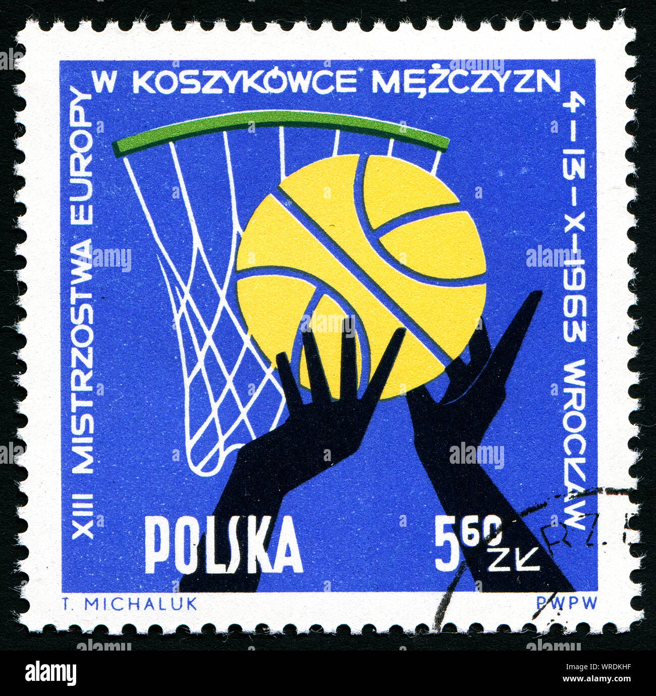 Post Stempel in Polen übersicht Ball gedruckt, Hände und Spieler, 13. Europäische Männer Basketball Championship Wroclaw, ca. 1963 Stockfoto