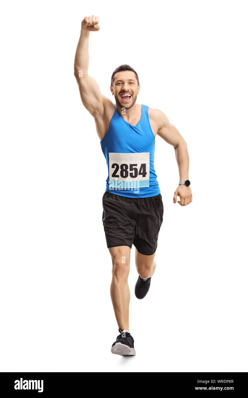 In voller Länge Porträt eines Mannes, Marathon und deutete mit der Hand auf weißem Hintergrund Stockfoto