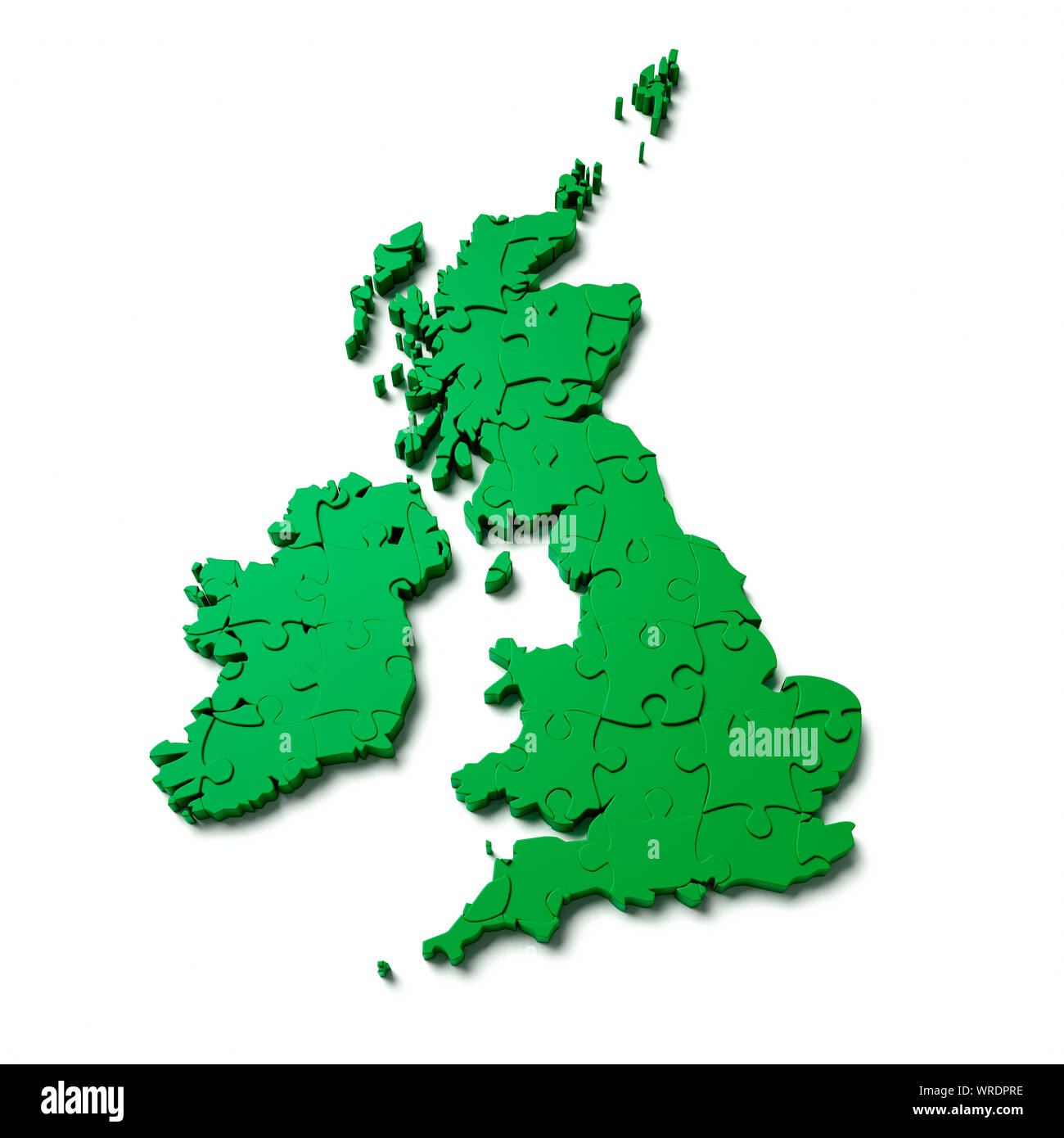 Die britischen Inseln einschließlich des Vereinigten Königreichs und Großbritannien als grüne Puzzle Stockfoto