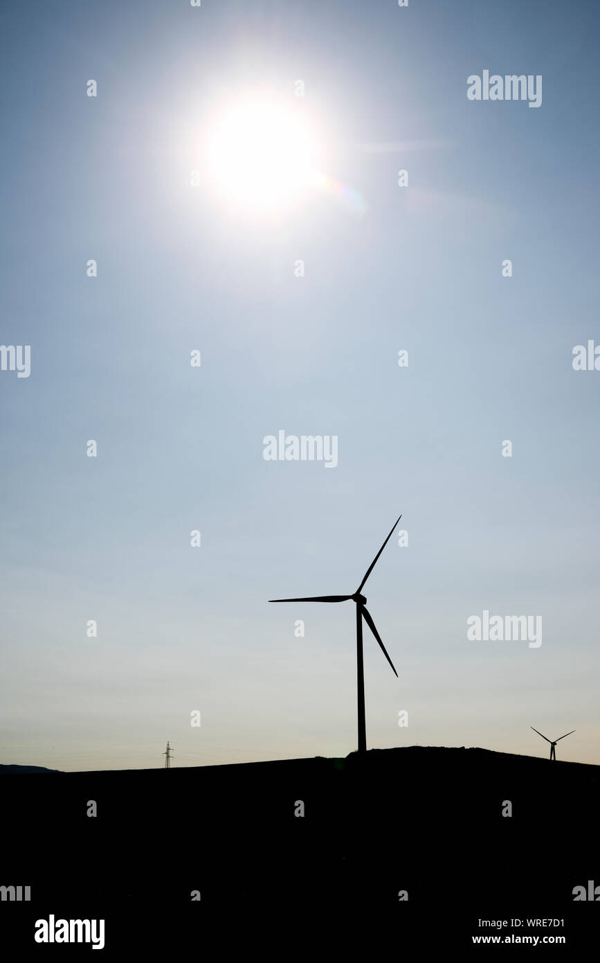 Windmühlen für erneuerbare elektrische Produktion in der Provinz Zaragoza, Aragon, Spanien. Stockfoto