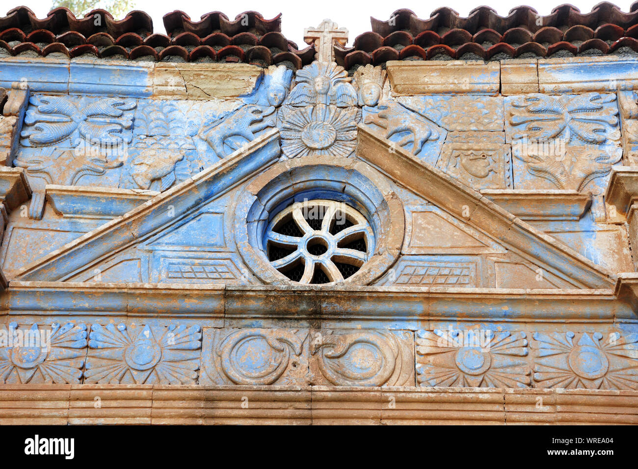 Aztekische Symbole in der Kirche von Pájara. Fuerteventura, Kanarische Inseln. Spanien Stockfoto