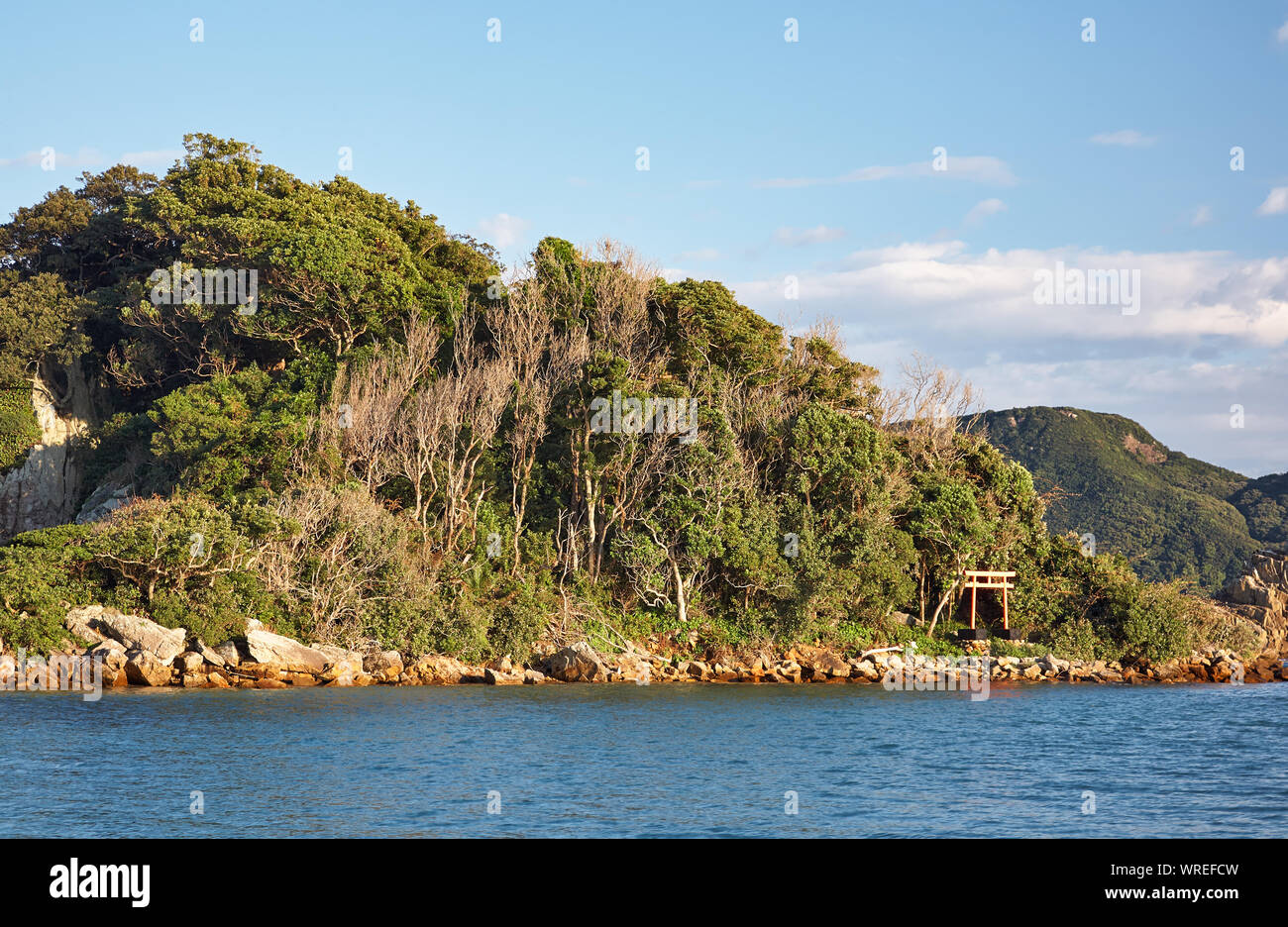 Der Blick auf die Küste in der Nähe von Kushimoto mit dem torii der Shintō-Schrein der Benten-cho Göttin im Licht der untergehenden Sonne. Präfektur Wakayama. Honshu. Jap Stockfoto