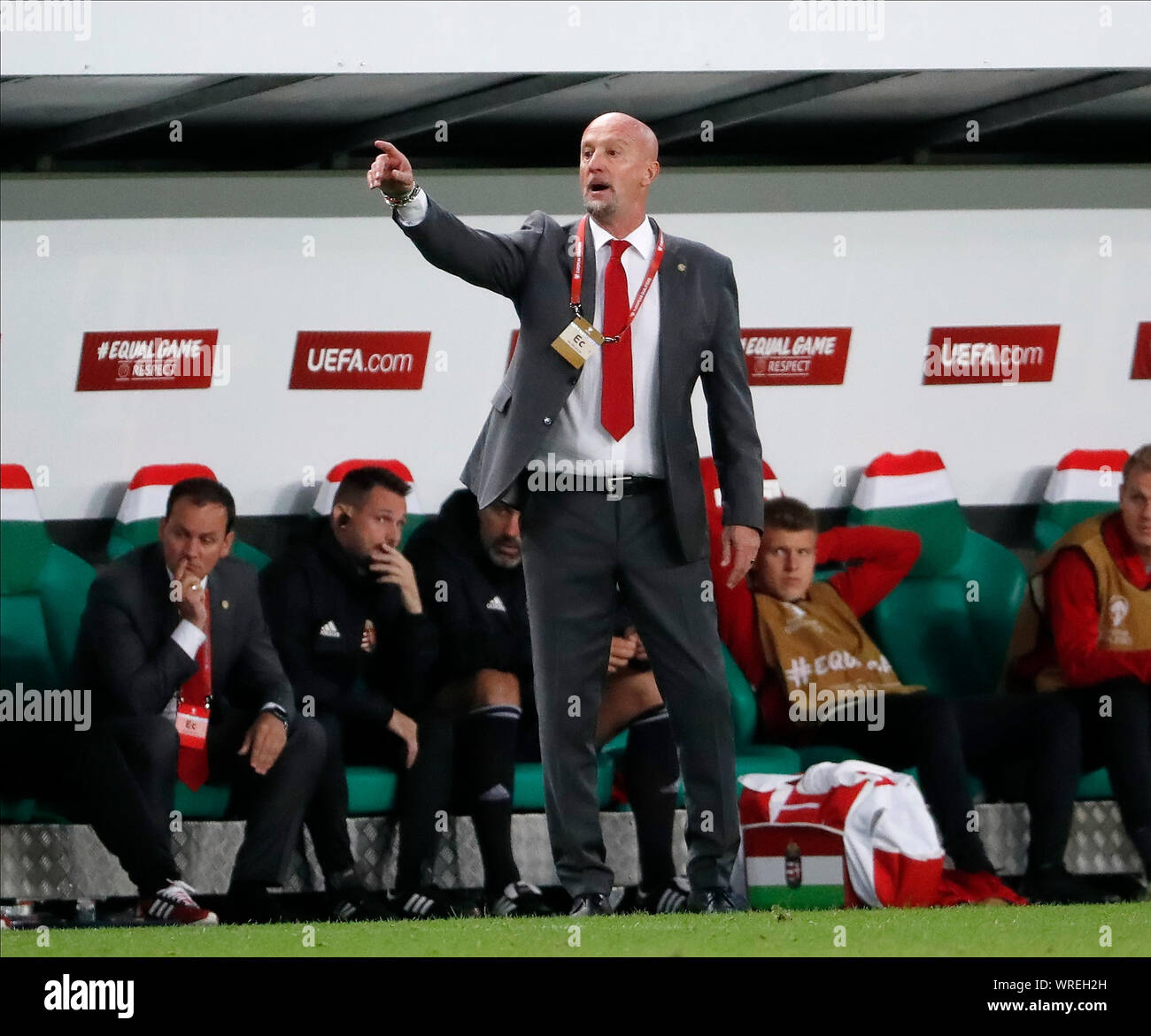 BUDAPEST, Ungarn - 9. SEPTEMBER: Head Coach Marco Rossi in Ungarn reagiert während der UEFA Euro 2020 Gruppe E-qualifikationsspiel zwischen Ungarn und der Slowakei an Groupama Arena am 9. September 2019 in Budapest, Ungarn. Stockfoto