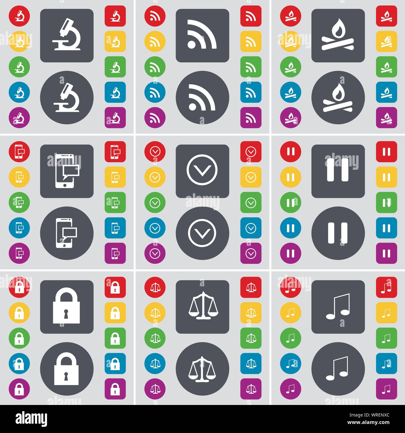 Mikroskop, RSS, Lagerfeuer, SMS, Pfeil nach unten, Pause, Lock, Waagen, Symbol Symbol. Eine große Auswahl an flache, farbige Schaltflächen für Ihre Konstruktion. Vektor Stock Vektor