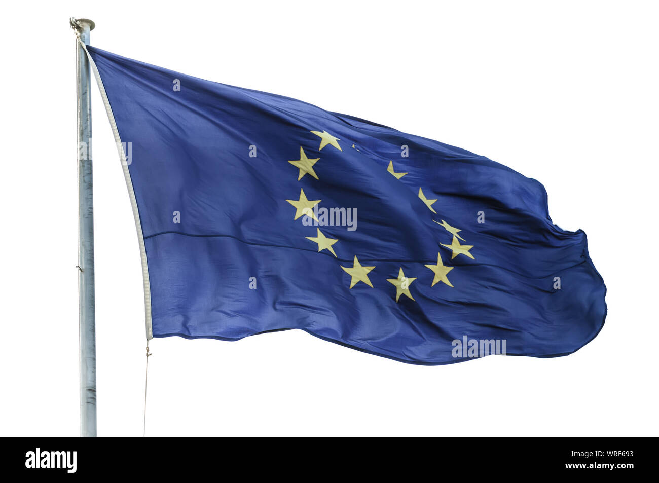 Fahne der Europäischen Union und Pol auf weißem Hintergrund Stockfoto
