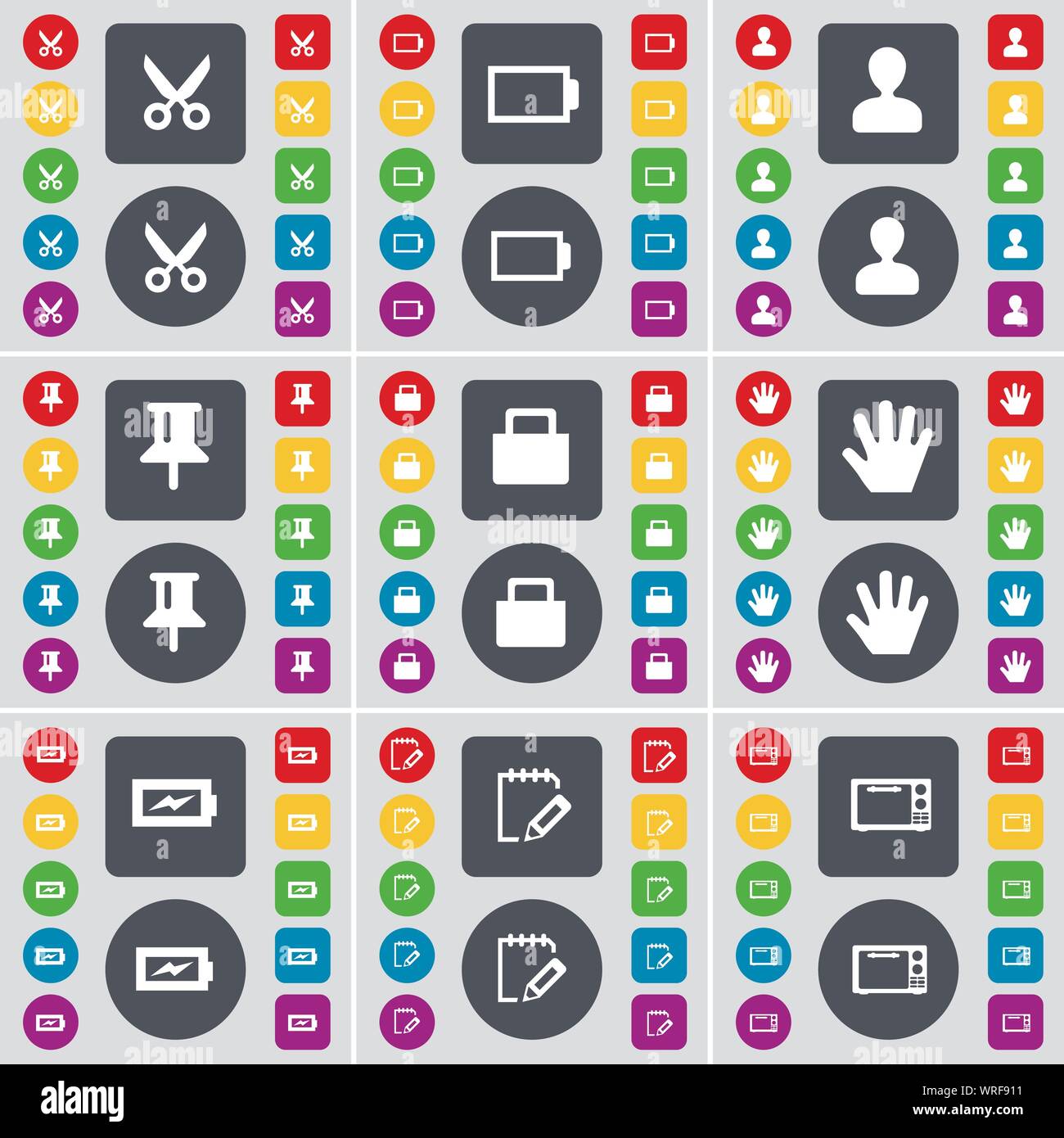 Schere, Batterie, Avatar, Stift, Schloss, Hand, Laden, Notebook, Mikrowelle Symbol. Eine große Auswahl an flache, farbige Schaltflächen für Ihre Konstruktion. Vektor Stock Vektor