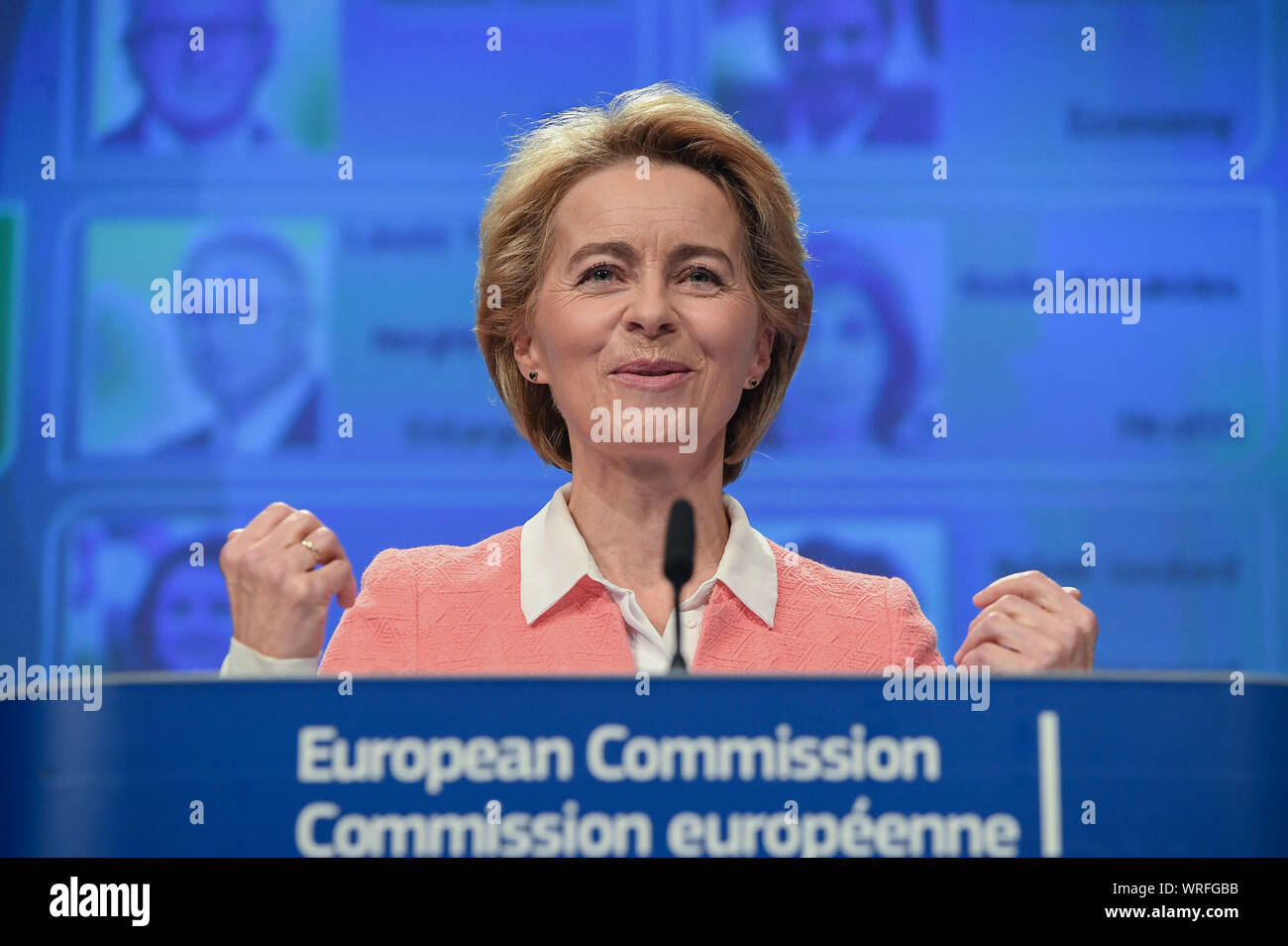 Brüssel, Belgien. 10 Sep, 2019. Ursula von der Leyen, gewählter Präsident der Europäischen Kommission, spricht bei einer Pressekonferenz auf die Enthüllung des Line-up der nächsten Europäischen Kommission in Brüssel, Belgien, Sept. 10, 2019. Credit: Riccardo Pareggiani/Xinhua Quelle: Xinhua/Alamy leben Nachrichten Stockfoto