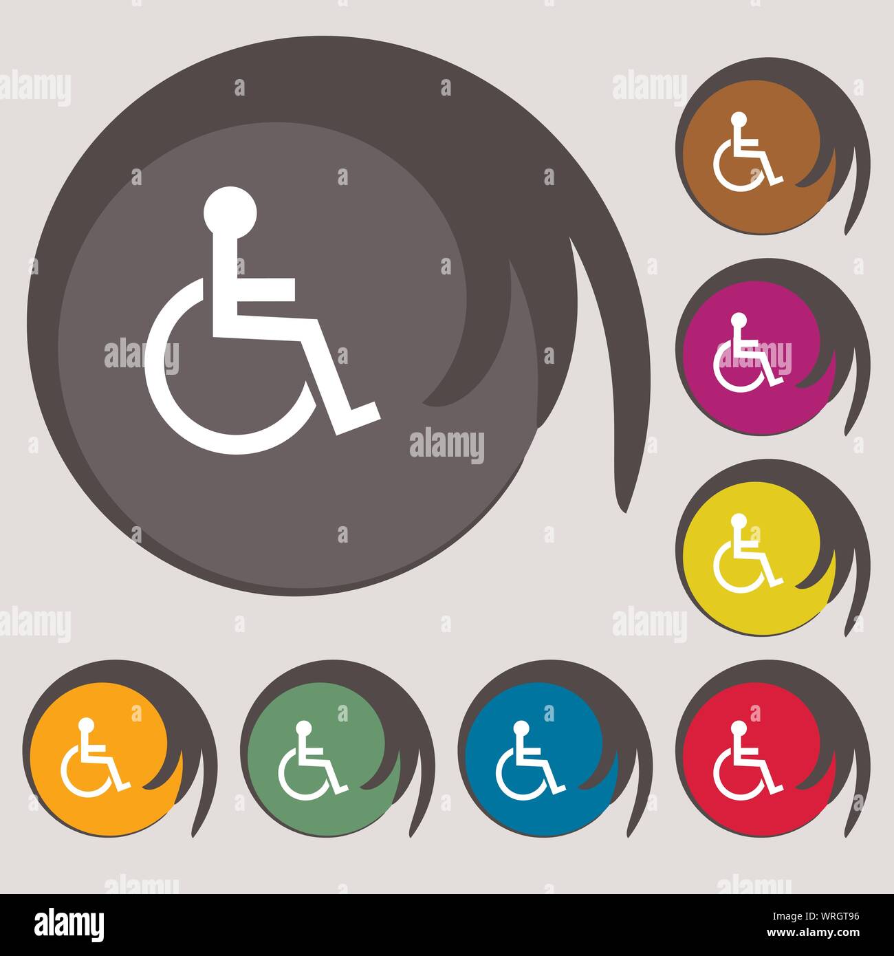 Deaktivierte Schild-Symbol. Mensch auf dem Rollstuhl-Symbol. Behinderte ungültige Zeichen. Symbole auf acht farbigen Tasten. Vektor Stock Vektor