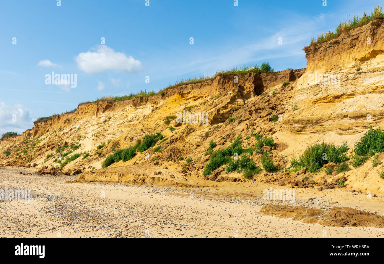 Ein Felssturz, durch Erosion verursacht wird, hat eine Lücke in den Sandsteinfelsen bei Covehithe Suffolk, Großbritannien links Stockfoto
