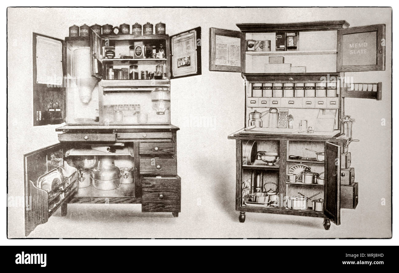 Die neuesten kichenware angezeigt zu Beginn der 1930er Jahre in Mrs Beeton's 'Alles über Kochen' 1930er Edition. Diese Schränke wurden entworfen, um Zutaten zu halten und ein komfortables Arbeiten Oberfläche bieten. Stockfoto