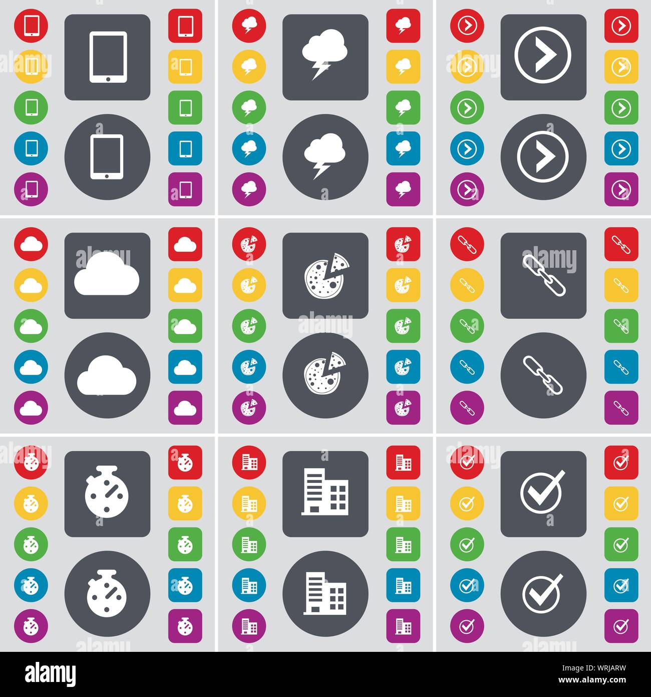 Tablet PC, Blitz, Pfeil rechts, Cloud, Pizza, Link, Stoppuhr, Gebäude, markieren das Symbol. Eine große Auswahl an flache, farbige Schaltflächen für Ihre Konstruktion. Vektor Stock Vektor