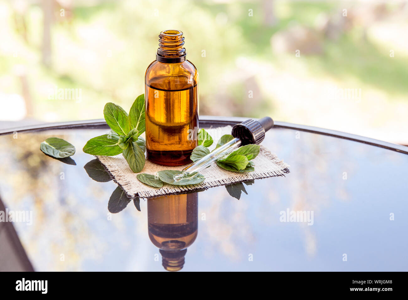 Pfefferminze ätherisches Öl oder Infusion in Braun Medical Pipettenflasche mit dekorativen frische Minze Zweige auf Glastisch, blur Hintergrund. Stockfoto