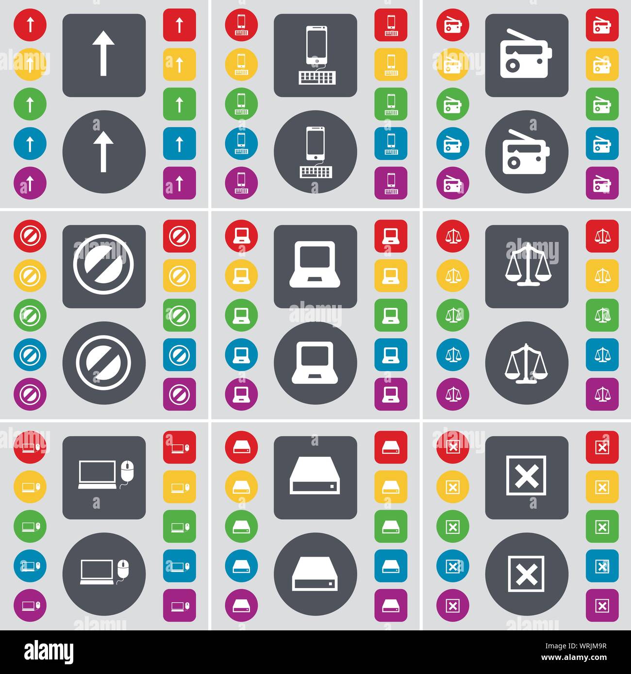 Pfeil nach oben, Smartphone, Radio, Stop, Laptop, Waagen, Laptop, die Festplatte, das STOP-Symbol. Eine große Auswahl an flache, farbige Schaltflächen für Ihre Konstruktion. Vektor Stock Vektor