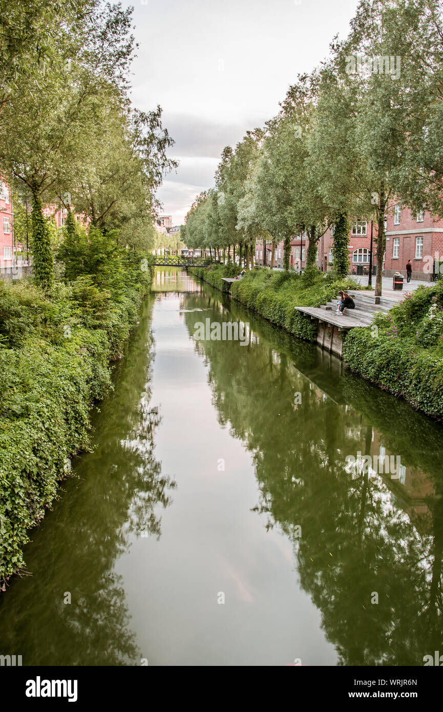 Der Kanal in Aarhus fließt sanft durch die Stadt und die Bäume im Wasser, Dänemark, 15. Juli 2019, Stockfoto