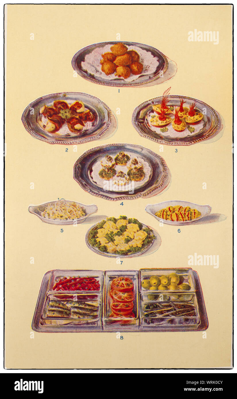 Neueste Techniken Kochen und Zubereiten von Anfang der 1930er Jahre in Mrs Beeton's 'Alles über Kochen' 1930er Edition. Hors d'Oeuvre Gerichte und Leckereien: 1. Käse Souffles; 2. Engel zu Pferd; 3. Croutes a L'indienne; 4. Sardellen Croutes; 5. Sellerie Salat; 6. Mayonnaise von Eiern; 7. Fancy Butter; 8. Assorted Hors d'Oeuvre. Stockfoto