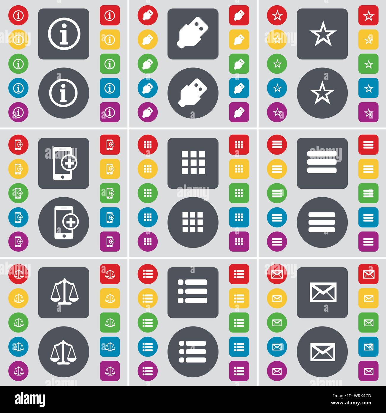 Informationen, USB, Stern, Smartphones, Apps, Waagen, Liste, Nachricht Symbol. Eine große Auswahl an flache, farbige Schaltflächen für Ihre Konstruktion. Vektor Stock Vektor