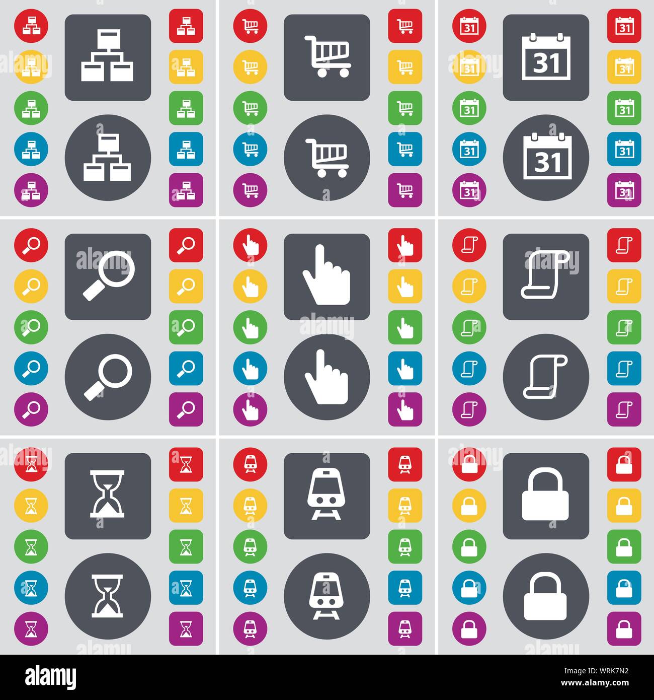 Netzwerk, Warenkorb, Kalender, Lupe, Hand, Blättern, Sanduhr, Zug, Symbol Symbol. Eine große Auswahl an flache, farbige Schaltflächen für Ihre Konstruktion. Vektor Stock Vektor