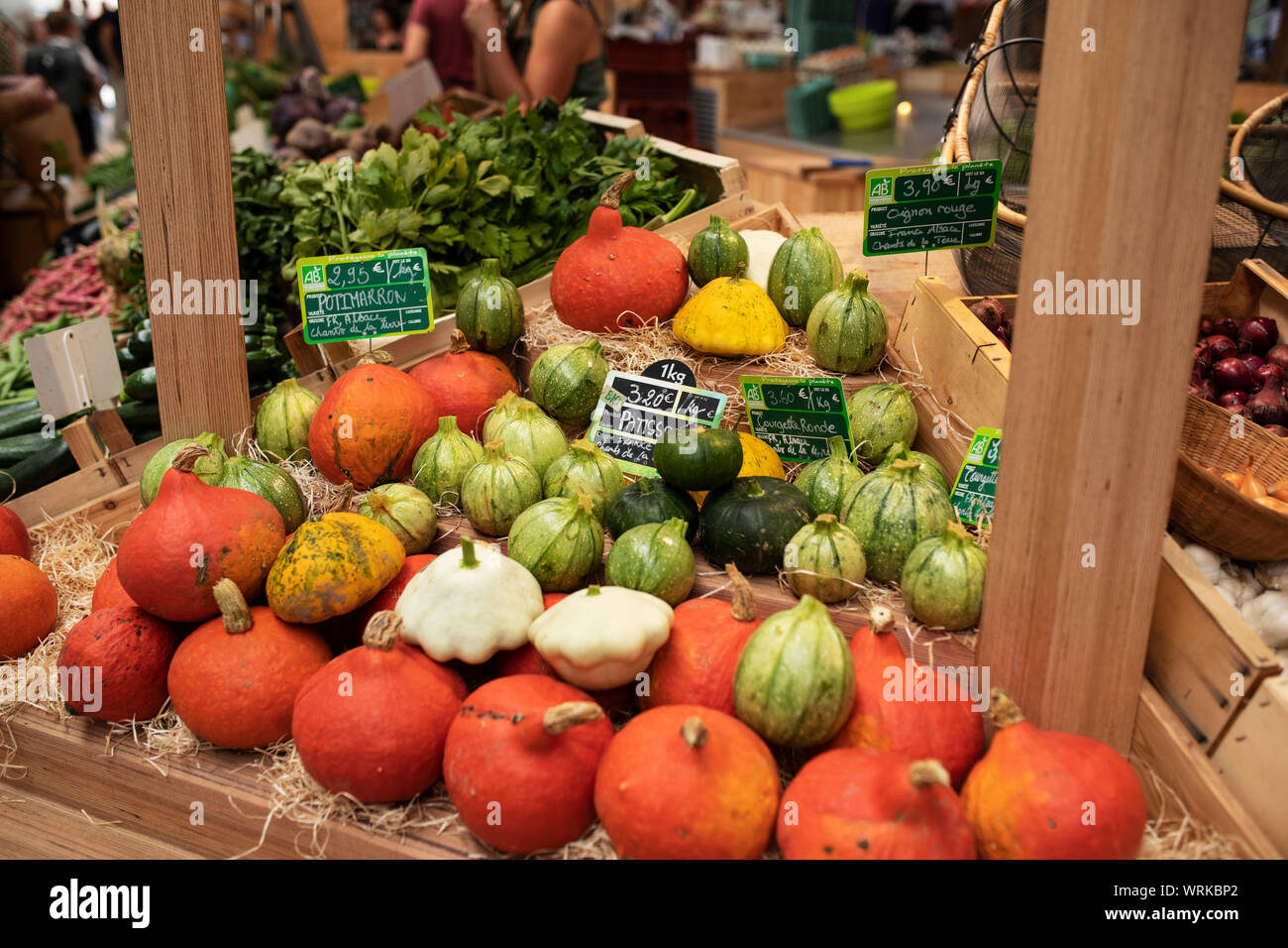 Bunte Squash und Kürbisse zum Verkauf an der Markthalle in der Nähe von Klein Venedig in Colmar, Frankreich. Stockfoto