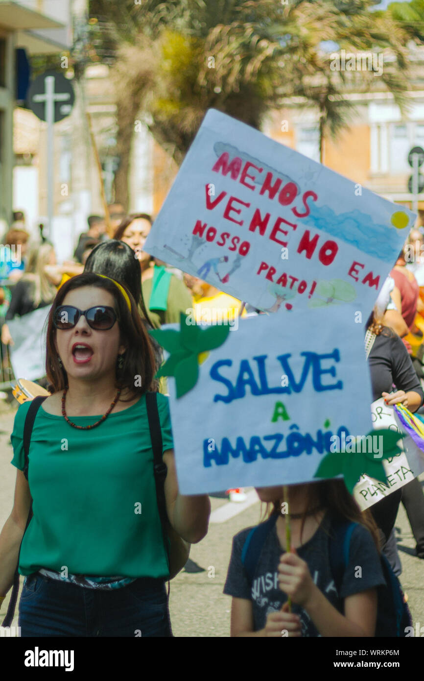 Menge in den Straßen mit Frauen, die eine Manifestation Banner, in einem pro Umwelt gehen, Protest während der brasilianischen Unabhängigkeitstag Stockfoto