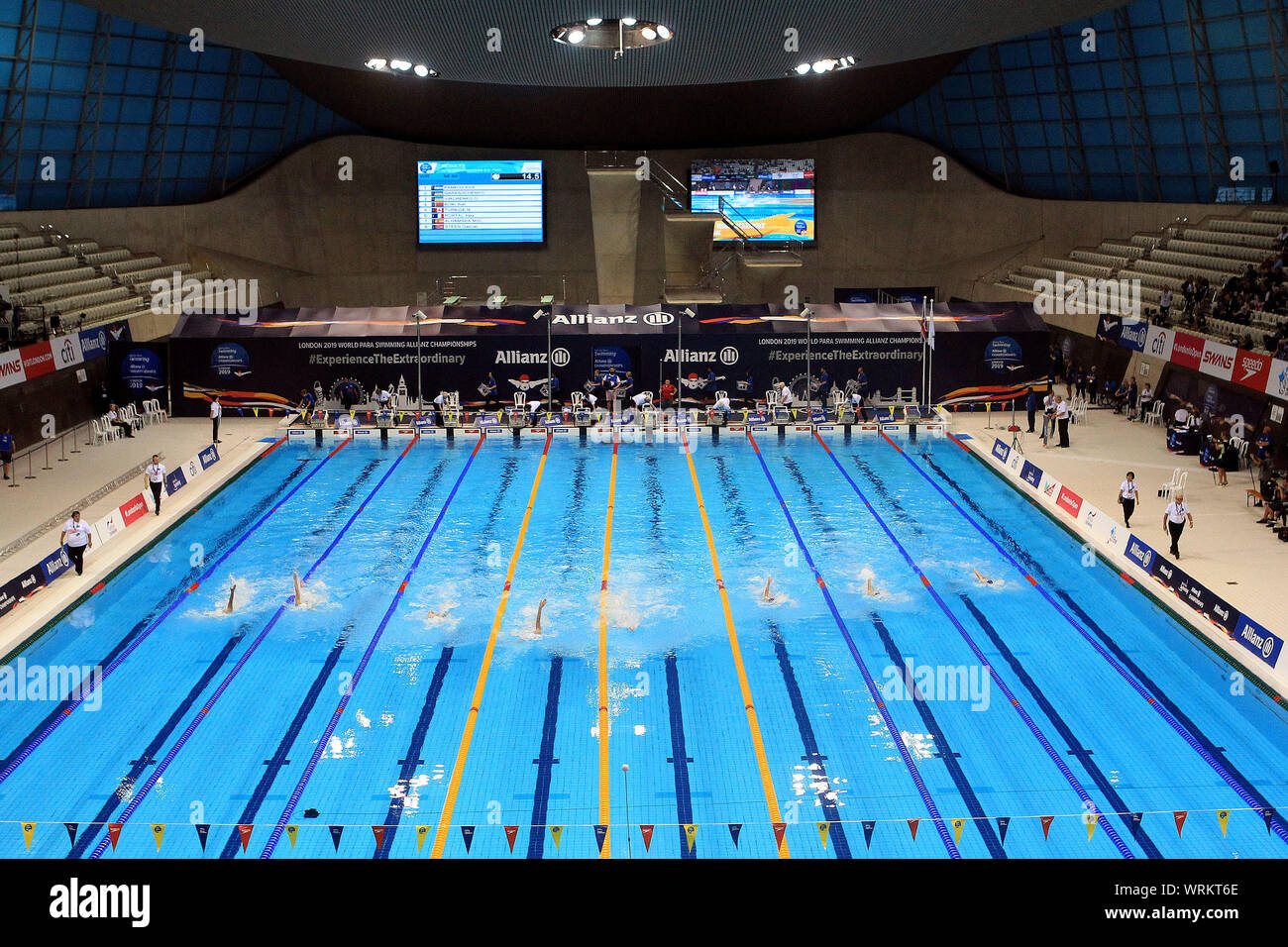 London, Großbritannien. 10 Sep, 2019. Eine allgemeine Ansicht der Männer 100 m Ruecken S 13 endg. Welt Para Schwimmen Allianz Meisterschaften 2019, Tag 2 an der London Aquatics Centre in London am Dienstag, den 10. September 2019. Dieses Bild dürfen nur für redaktionelle Zwecke verwendet werden. Redaktionelle Verwendung nur, pic von Steffan Bowen/Andrew Orchard sport Fotografie/Alamy Live news Credit: Andrew Orchard sport Fotografie/Alamy leben Nachrichten Stockfoto