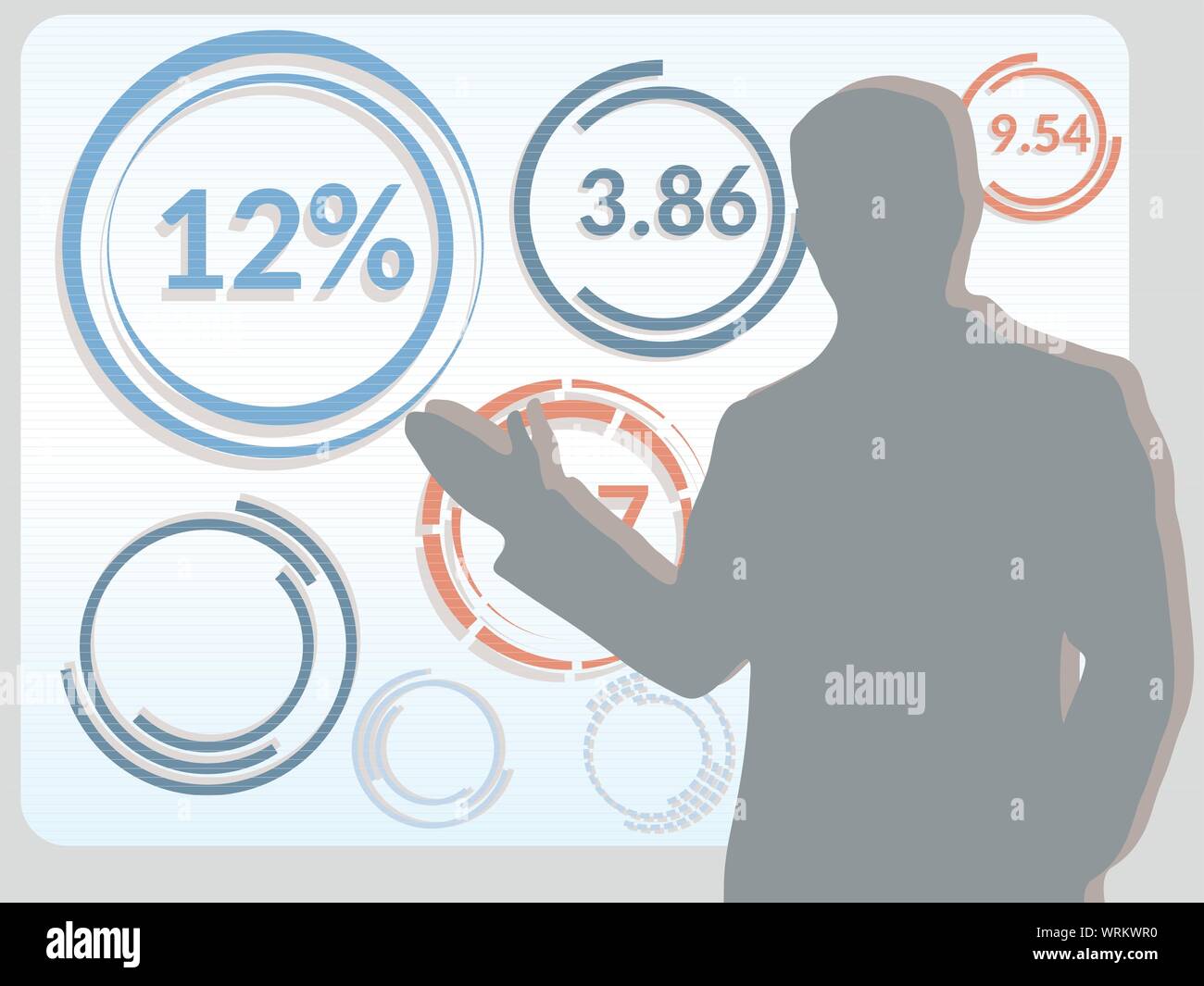 Geschäftsmann macht eine Präsentation während des Seminars oder der Sitzung. Mann Silhouette mit Schatten vor dem Bildschirm mit verschiedenen Geschäfts- und financi Stock Vektor