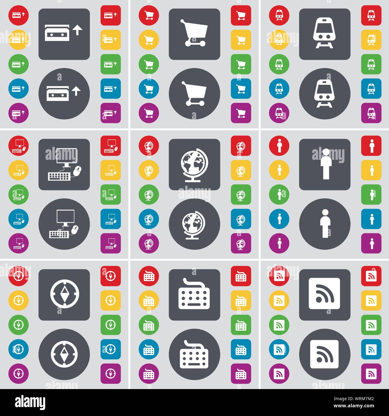 Kassette, Warenkorb, Zug, PC, Globus, Silhouette, Kompass, die Tastatur, das RSS-Symbol. Eine große Auswahl an flache, farbige Schaltflächen für Ihre Konstruktion. Vektor Stock Vektor
