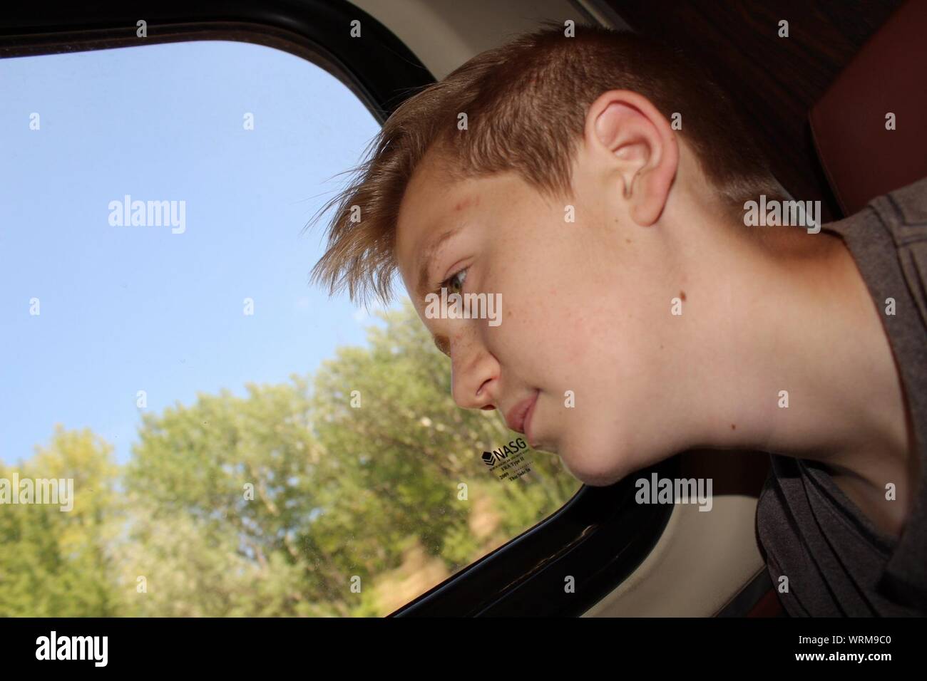 Junge unterwegs im Auto. Stockfoto