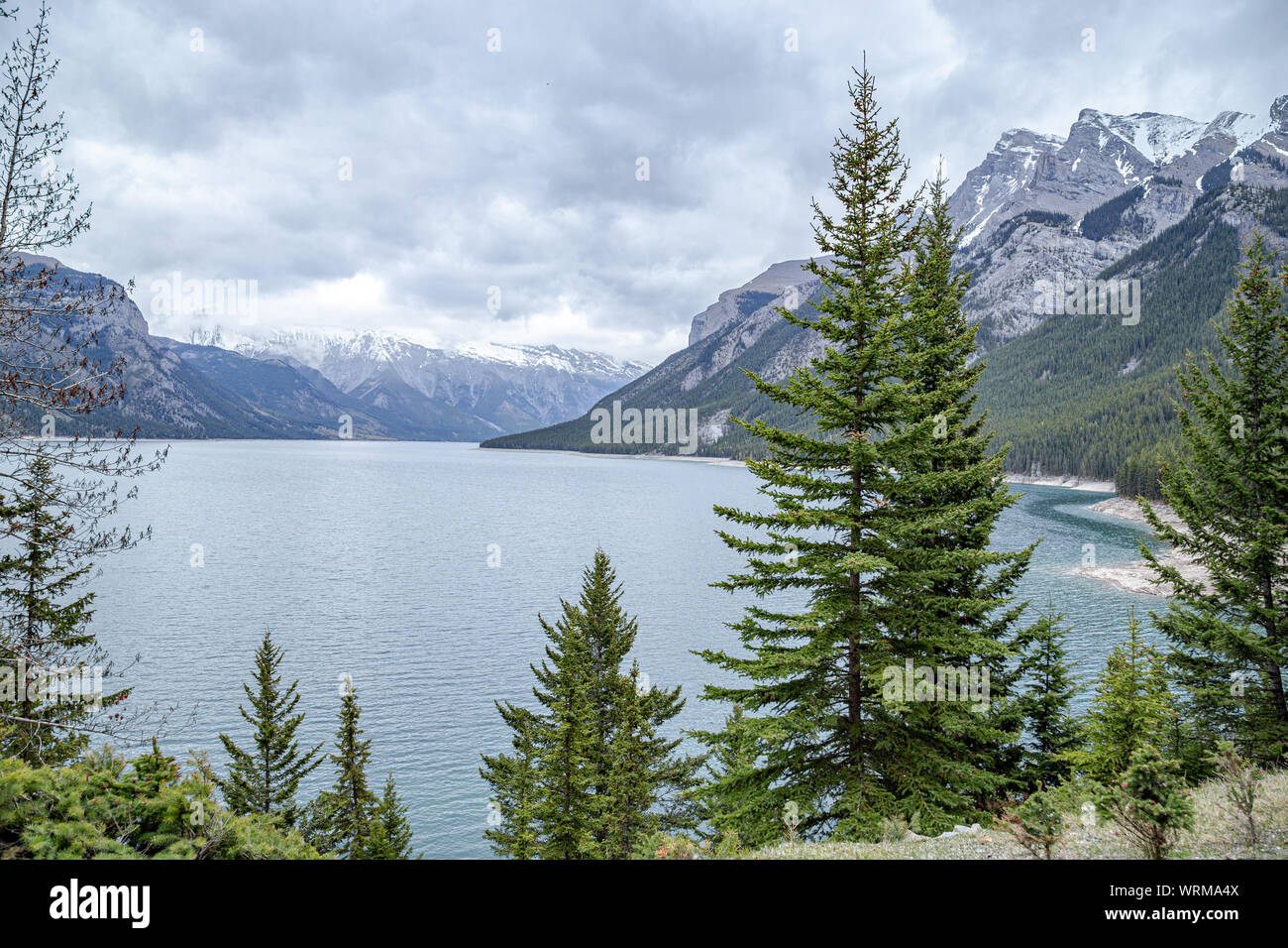 Bewölkten Tag am Lake Minnewanka im Banff National Park Stockfoto