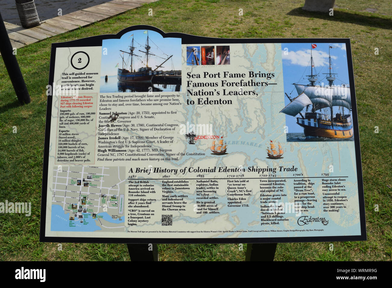 Eine historische Marker Colonial Versand am Seehafen in Edenton, North Carolina. Stockfoto