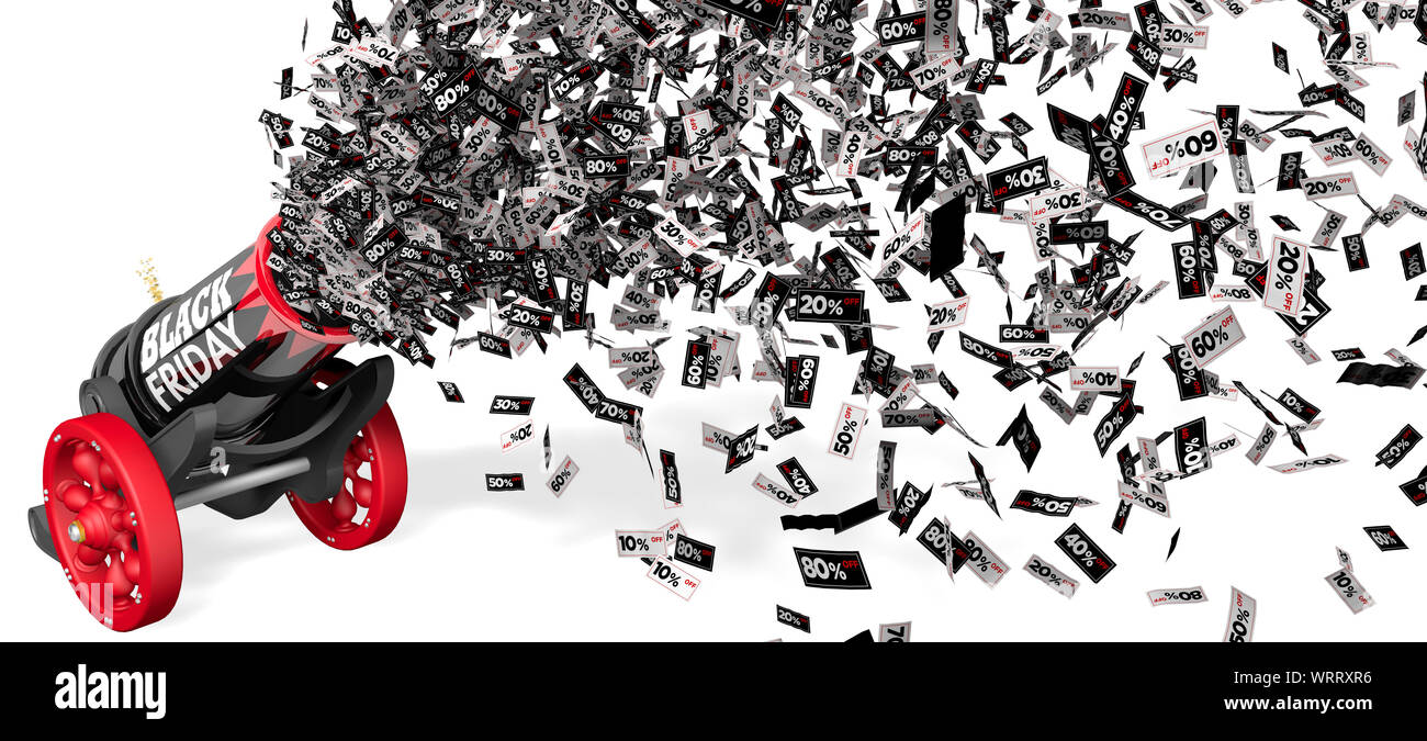 Alte schwarze und rote Kanone mit den Worten Schwarzer Freitag ein Jet der Rabatt Papier coupons Abfeuern von 10 bis 80 Prozent in Schwarz auf weißem Hintergrund Stockfoto