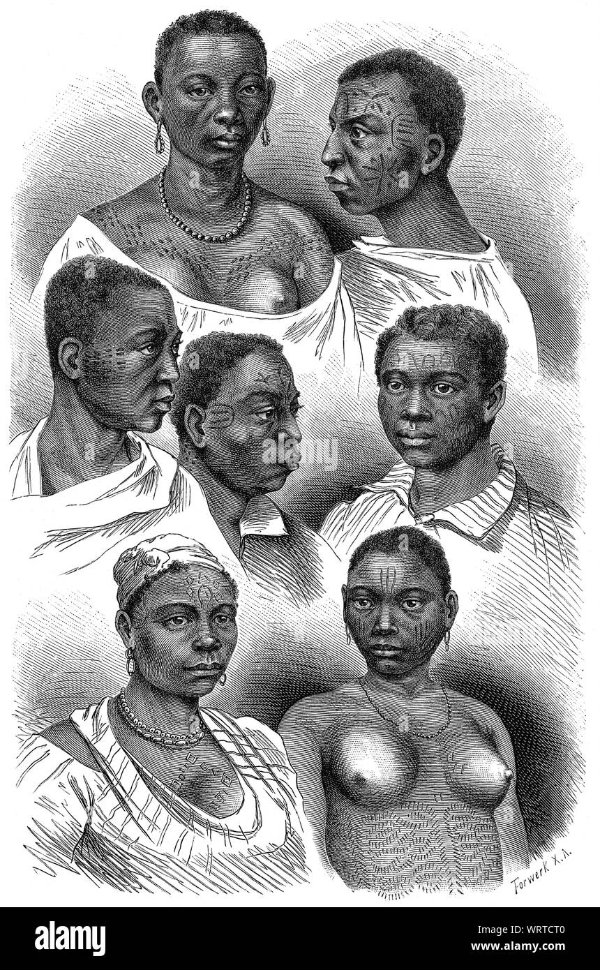 Kleidung, Schmuck und Tattoos, Afrika, Illustration nach Hand Zeichnungen von Rugendas, aus dem Buch "volkerkunde" durch Dr. Friedrich Ratzel, Bibliographische Institut, Leipzig, 1885 Stockfoto