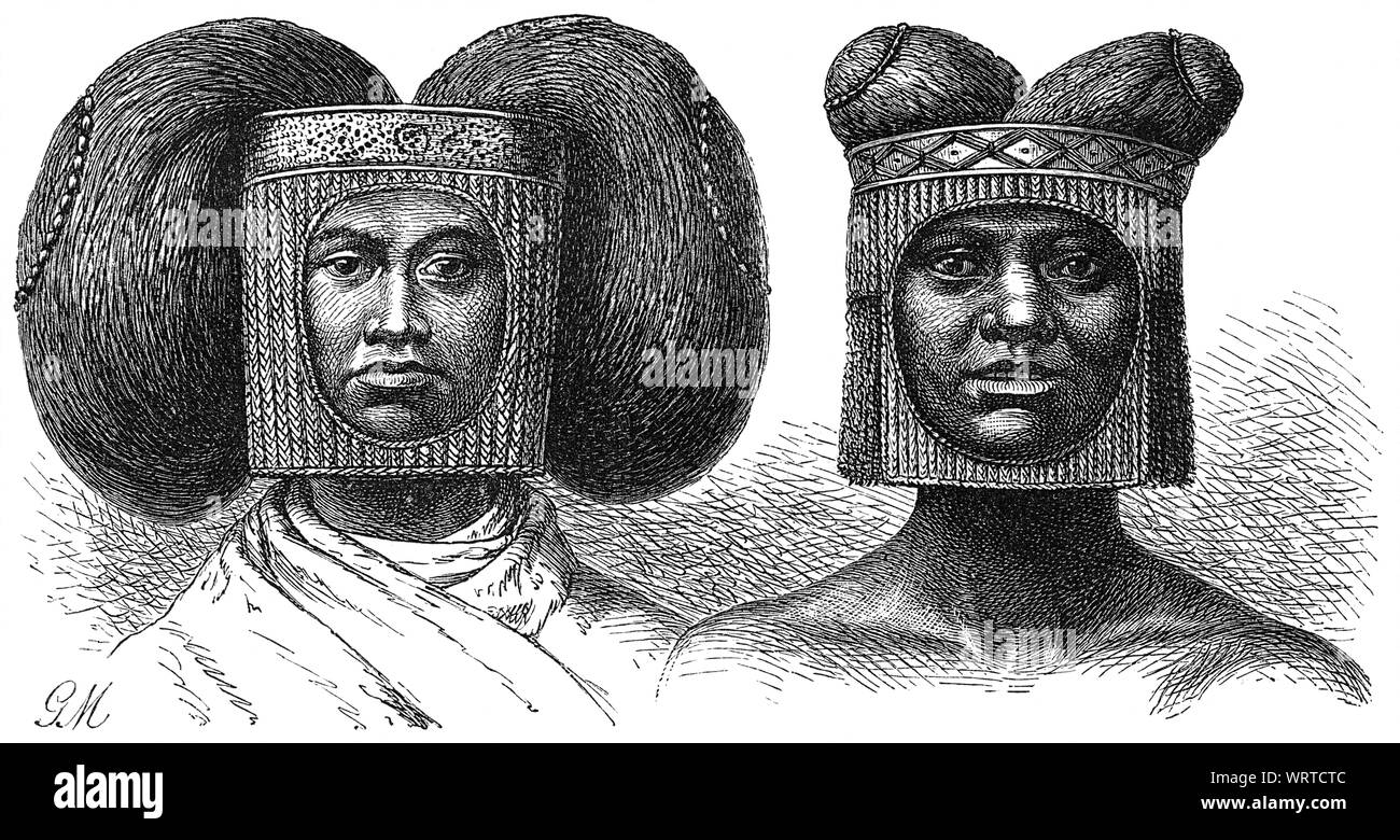 Haar Verbindungselemente durch Lovare (nach Cameron), Illustration aus dem Buch "volkerkunde" durch Dr. Friedrich Ratzel, Bibliographische Institut, Leipzig, 1885 Stockfoto