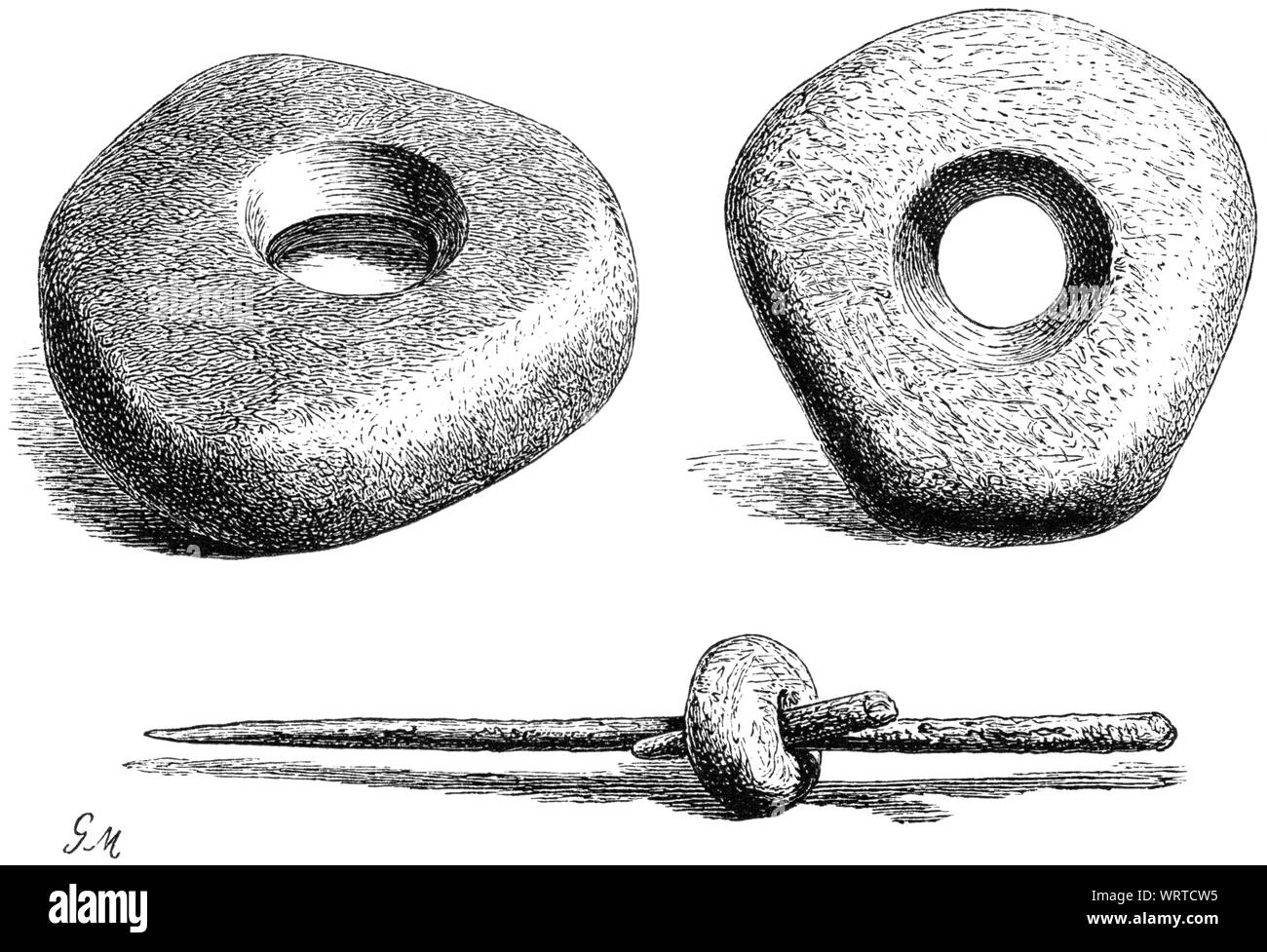 Grab-Stick und schwere Steine, Abbildung aus dem Buch "volkerkunde" durch Dr. Friedrich Ratzel, Bibliographische Institut, Leipzig, 1885 Stockfoto