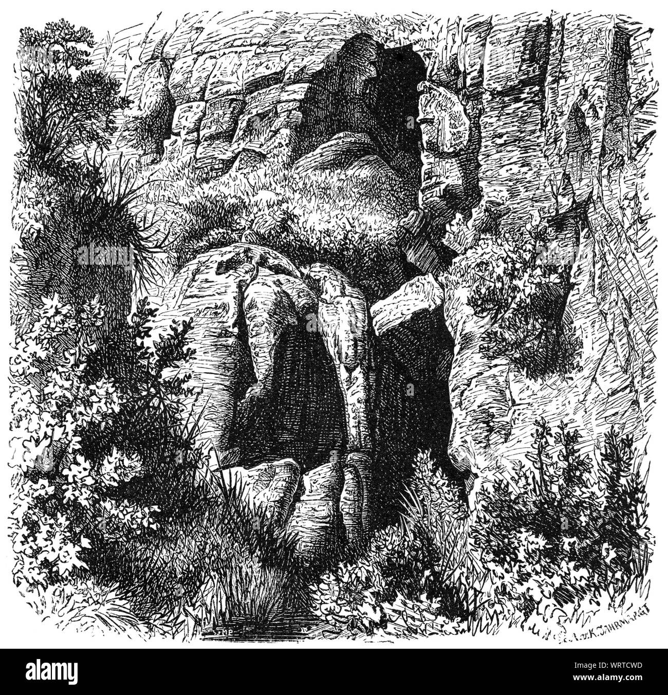 Buschmänner Höhlen, Farmer's freien Staaten, Illustration aus dem Buch "volkerkunde" durch Dr. Friedrich Ratzel, Bibliographische Institut, Leipzig, 1885 Stockfoto