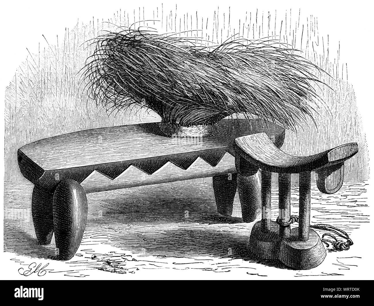 Kopf Hocker und Kopf Stärken der Zulu, die letzteren verwendet, wenn Lasten durchgeführt werden, Abbildung aus dem Buch "volkerkunde" durch Dr. Friedrich Ratzel, Bibliographische Institut, Leipzig, 1885 Stockfoto