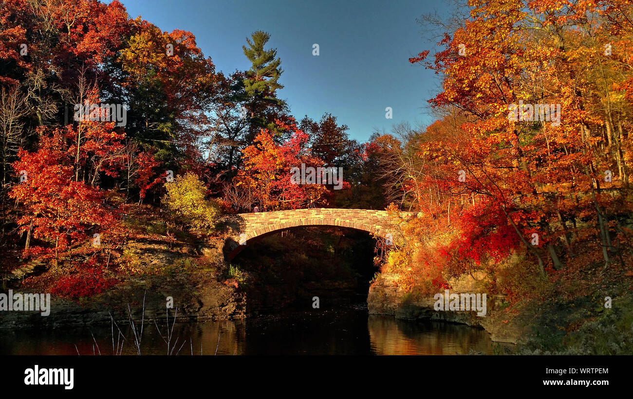 Steinerne Brücke über den Fluss im Herbst in der Nähe der Cornell University, Ithaca NY Stockfoto