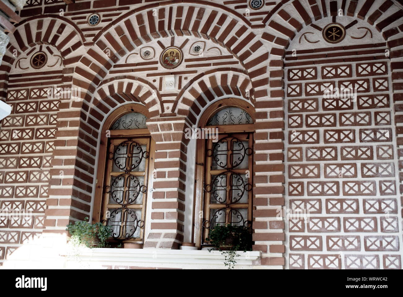 Kloster, Religion, Orthodoxen, Mosaik, Fenster, Innenausbau, Kirche, Griechenland, Isodia Theotokou, Oropos, Attika Stockfoto